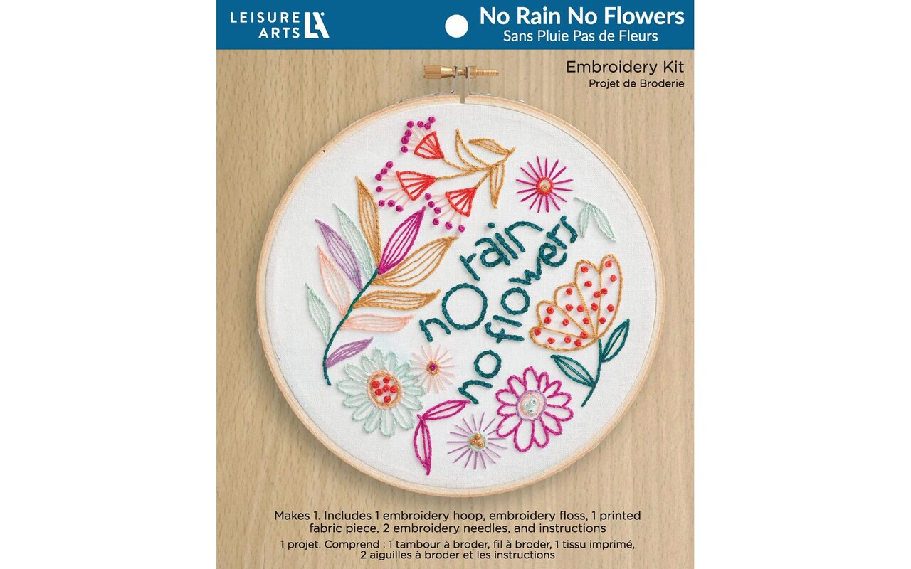 Leisure Arts Embroidery Kit 6" No Rain No Flowers - Embroidery Kit for Beginners and Adults, Cross Stitch Kits with Patterns, DIY Starter Set for Seasonal Craft Projects